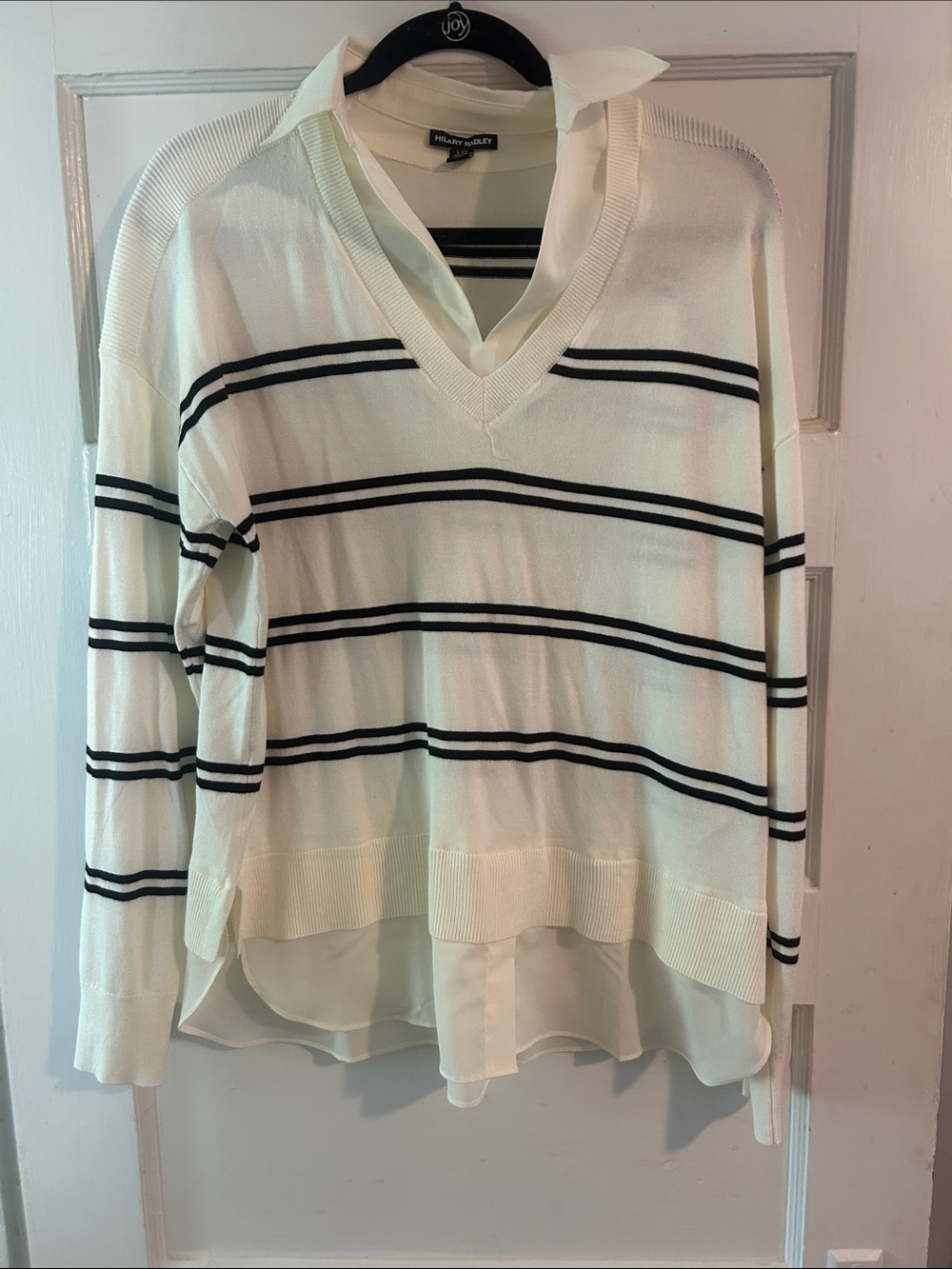 White V-Neck Layered Sweater with Black Stripes